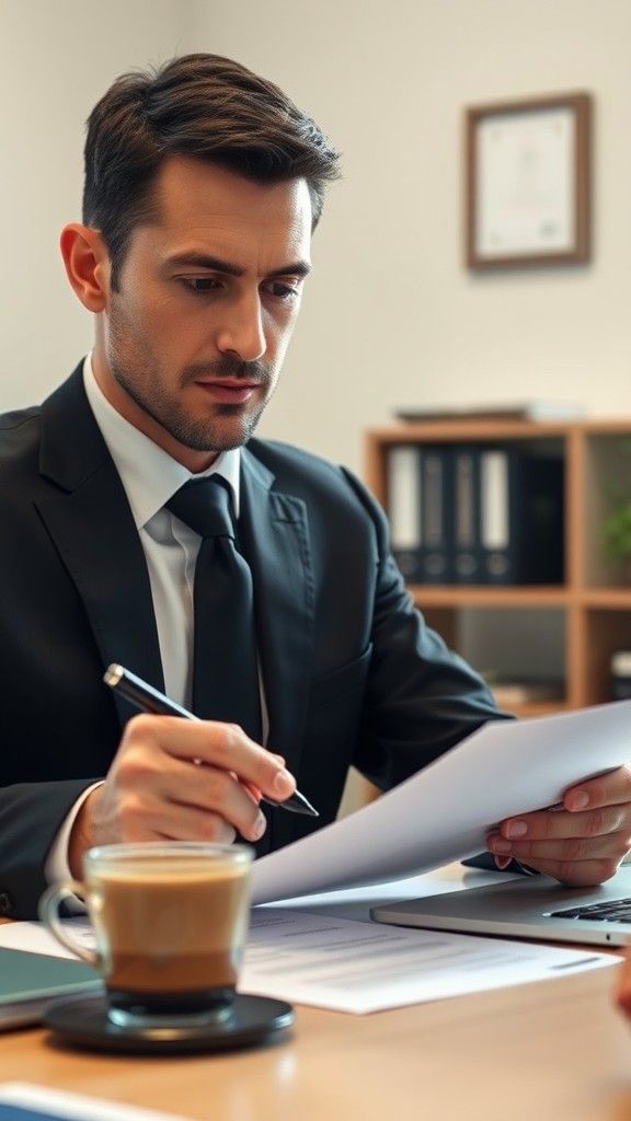 Prompt 20 — Professional executive carefully reviewing business documents with ...